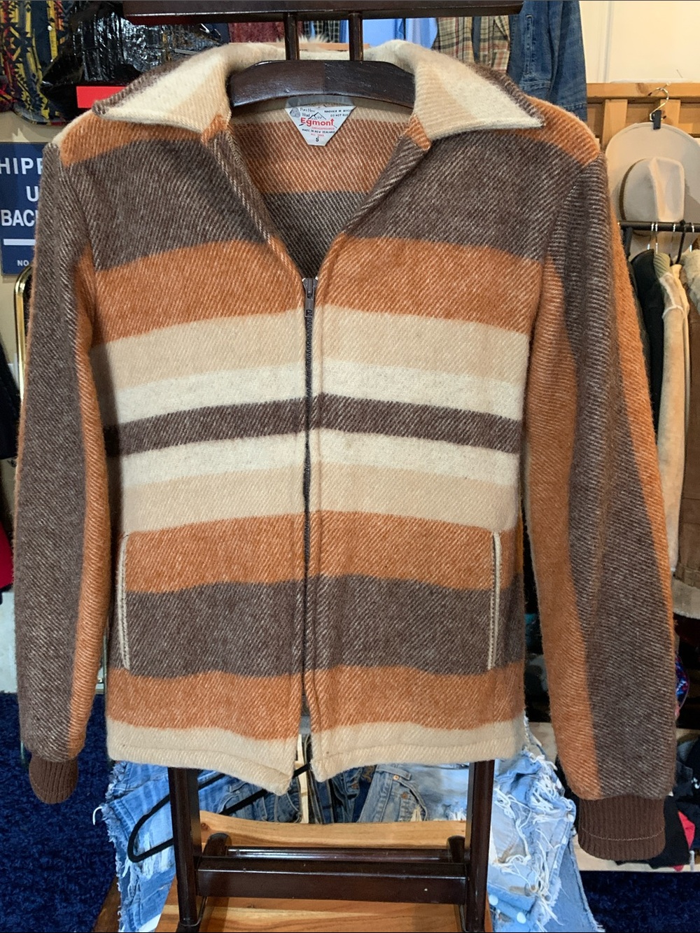 Vintage Striped Zip-Front Men’s Sweater Jacket - Brown & Cream Wool